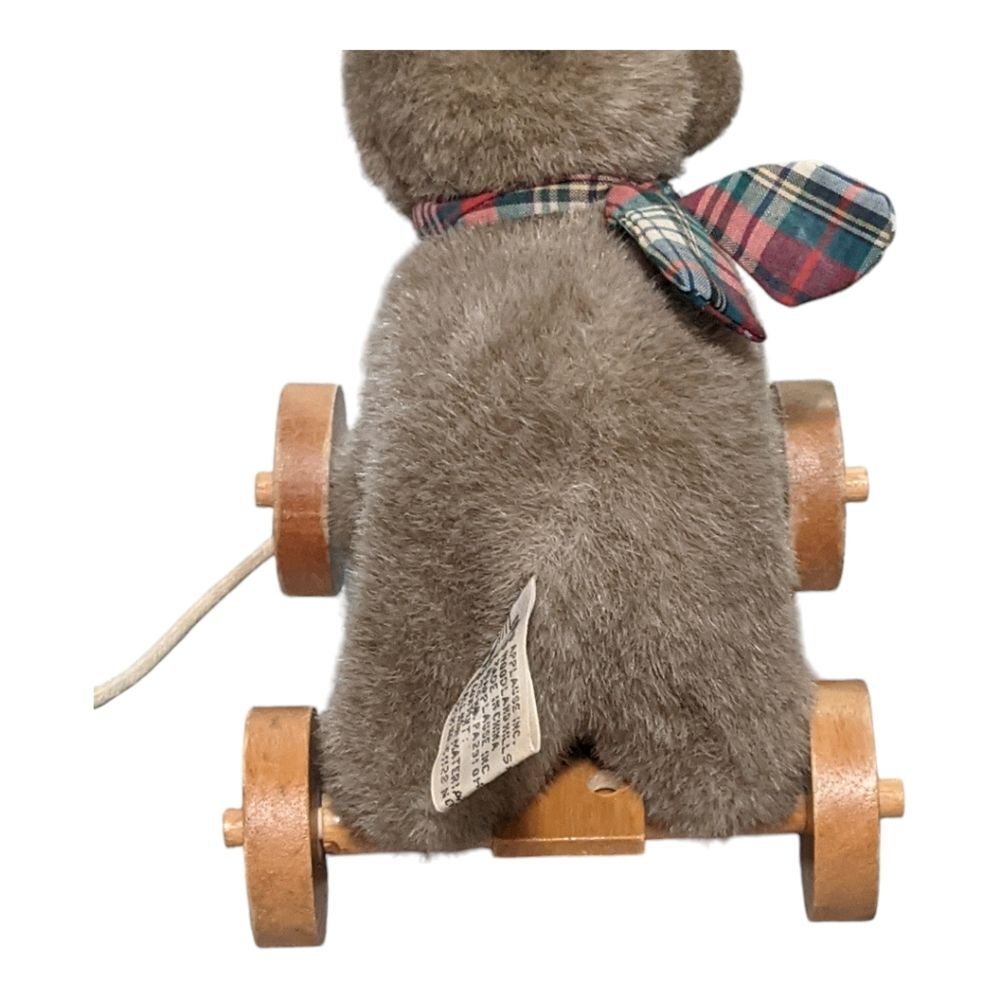 Applausse pull behind toy bear with tartan plaid scarf wheels faux fur - Picture 5 of 11